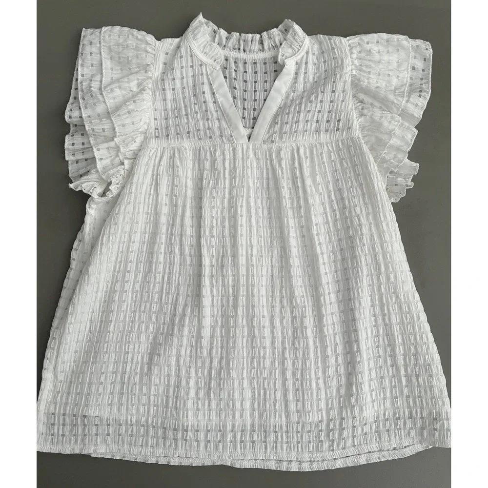 Loness White Ruffle Flutter Sleeve Babydoll Blouse Large Cottagecore